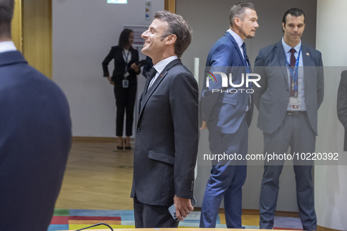 Emmanuel Macron President of the Republic of France arrives at the European Council the Tour de Table - Round Table room at the headquarters...