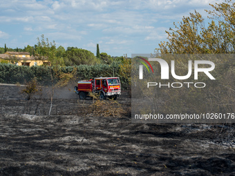 Bouches-du-Rhone, France, 2022-04-08. A fire brigade during a flooding operation on the site.  (