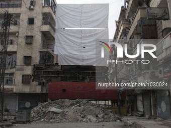 A general view of the curtains filed  on Bustan Alqasr district in Aleppo city on 1st February 2016.
(