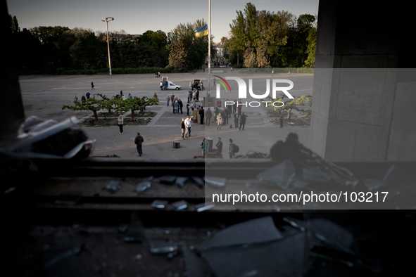 A look outside the burnt trade union building in Odessa, Ukraine, Wednesday May 7, 2014. More than 40 people died in the riots, which some f...