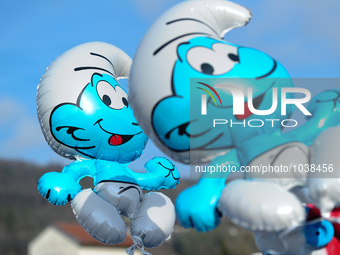 Surf balloons at a smurfs gathering in Waldshut-Tiengen, Germany on February 6, 2016. (