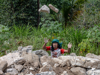 A man throws a big stone as he helps villagers to renovate a broken village road at Kebumen, Central Java, Indonesia on August 20, 2023.  (