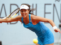 Ana Ivanovic of Serbia in action Jelena Jankovic of Serbia during day six of the Mutua Madrid Open tennis tournament at the Caja Magica on M...
