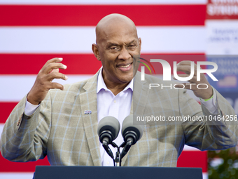Congressman Dwight Evans speaks ahead of U.S. President Joseph Biden at the kick-off of the AFL-CIO's annual Tri-State Labor Day Parade in P...