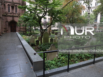 The courtyard and cemetery of the historic Trinity Church in New York, New York, Saturday, Sept. 9, 2023. (