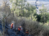 Some of officers shot water to the remaining fires on the slopes of the mountain that occurred since mid-August during the dry season in the...