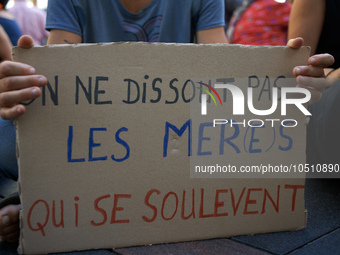 A cardboard reads 'One can't dissolve Mothers who rise up'. Extinction Rebellion (XR) Toulouse organized a sit-in of women in one of the mos...