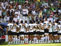 Bordeaux, France - 9 September 2023; Romania players stand for national anthem during the 2023 Rugby World Cup Pool B match between Ireland...