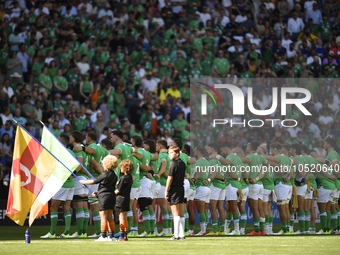 Bordeaux, France - 9 September 2023; Irlanda players stand for national anthem during the 2023 Rugby World Cup Pool B match between Ireland...