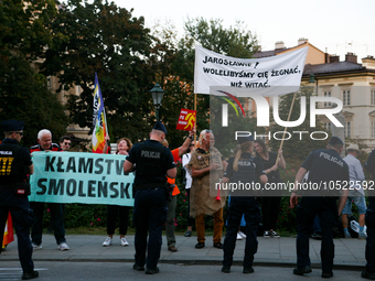 KRAKOW, POLAND - SEPTEMBER 18: Protest against Jaroslaw Kaczynski's monthly arrival at Wawel Castle on September 18, 2023 in Krakow, Poland....