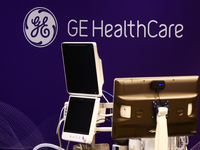 GE HealthCare logo and medical equipment are seen exhibit on medical conference in Krakow, Poland on September 15, 2023. (