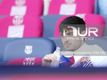 Pedri central midfield of Barcelona and Spain sitting on the bench prior the LaLiga EA Sports match between FC Barcelona and Celta Vigo at E...