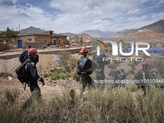 Morocco, Talat N'Yaaqoub, 2023-09-14. A Moroccan rescue operation team prepares to intervene in a hamlet near Talat N'Yaaqoub. (