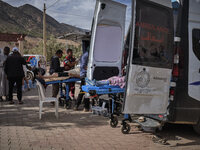 Morocco, Talat N'Yaaqoub, 2023-09-13. A car park has been requisitioned in the village of Talat N'Yaaqoub so that ambulances can park and pr...