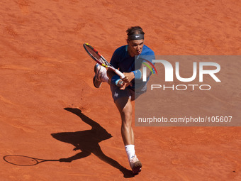 Rafael Nadal of Spain plays against Tomas Berdych of Czech Republic during day seven of the Mutua Madrid Open tennis tournament at the Caja...