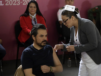 October 16, 2023, Mexico City, Mexico: The director of the Mexican Social Security Institute, Zoe Robledo, is vaccinated against influenza a...