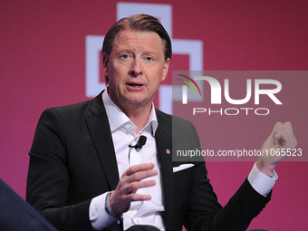 Hans Vestberg, the president and CEO of Ericsson, speaking during the conference, during the first day of Mobile World Congress 2016 in Barc...