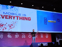 Dan Schulman, the President and CEO of Paypal, speaking during his conference, during the first day of Mobile World Congress 2016 in Barcelo...