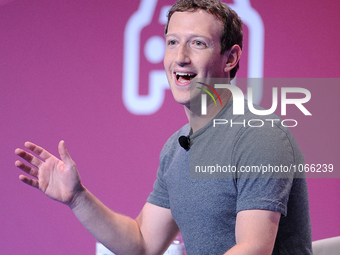 Mark Zuckerberg, the founder and CEO of Facebook, speaking during his conference, during the first day of Mobile World Congress 2016 in Barc...