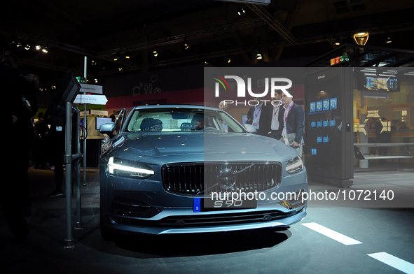 New Volvo S90 exhibited in the Ericsson stand during the last  day of Mobile World Congress in Barcelona, 24th of February, 2016. 
