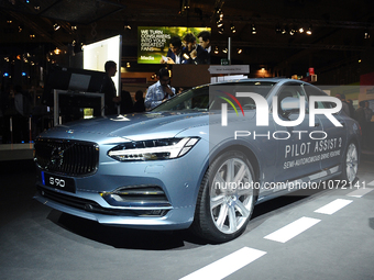 New Volvo S90 exhibited in the Ericsson stand during the last  day of Mobile World Congress in Barcelona, 24th of February, 2016. (