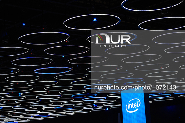 The Intel stand during the last  day of Mobile World Congress in Barcelona, 24th of February, 2016. 