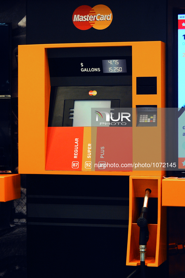 A Master Card petrol station exhibited, during the last  day of Mobile World Congress in Barcelona, 24th of February, 2016. 