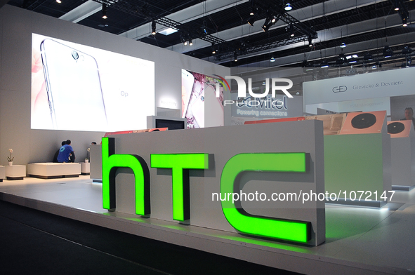 A HTC stand, during the last  day of Mobile World Congress in Barcelona, 24th of February, 2016. 