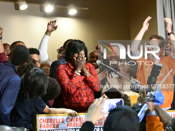 Cherelle Parker is joined on stage by supporters and local political leaders for a victory speech at the Election Night headquarters in Phil...