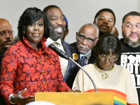Cherelle Parker, sided by former councilmember Marian Tasco, is joined on stage by supporters and local political leaders for a victory spee...