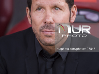 Atletico Madrid's Argentinian coach Diego Pablo Simeone, during their Spanish Liga's Primera Division match played against Malaga at Vicente...