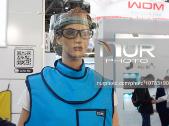 A mannequin wearing a protective mask is being displayed at the Medica Fair 2023 in Dusseldorf, Germany, on November 13, 2023. (