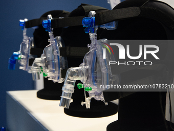 A general view of medical oxygen masks being displayed at the Medica Fair 2023 in Dusseldorf, Germany, on November 13, 2023. (