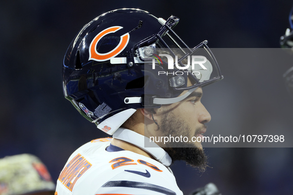 Chicago Bears running back Travis Homer (20) looks down the field ahead of an NFL  football game between the Detroit Lions and the Chicago B...