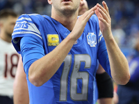 Detroit Lions quarterback Jared Goff (16) walks off the field after the conclusion of an NFL football game between the Chicago Bears and the...