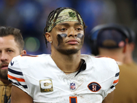 Chicago Bears quarterback Justin Fields (1) is seen during the second half of an NFL football game between the Chicago Bears and the Detroit...