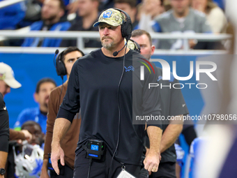 Detroit Lions head coach Dan Campbell looks on from the sidelines during  an NFL  football game between the Detroit Lions and the Chicago Be...