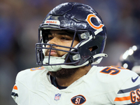 Chicago Bears offensive tackle Darnell Wright (58) walks off the field at halftime during  an NFL  football game between the Detroit Lions a...