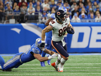 Chicago Bears tight end Cole Kmet (85) runs the ball during the first half of an NFL football game between the Chicago Bears and the Detroit...