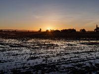 The sun rises over flooded California rice fields, during a storm break brought on by an atmospheric river near Marysville, Calif., on Sunda...