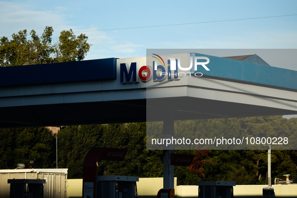 Mobil logo is seen on the gas station in Los Angeles, United States on November 13, 2023. 