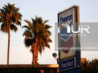 Chevron logo is seen at the gas station in Los Angeles, United States on November 13, 2023. (