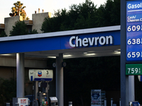 Chevron logo is seen at the gas station in Los Angeles, United States on November 13, 2023. (