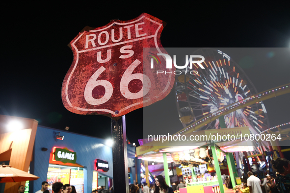 A sign is seen on the end of the Route 66 in Santa Monica, United States on November 12, 2023. 