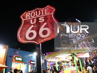 A sign is seen on the end of the Route 66 in Santa Monica, United States on November 12, 2023. (