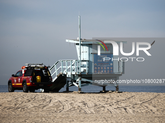 A lifeguard tower is seen on the beach in Santa Monica, United States on November 13, 2023. (