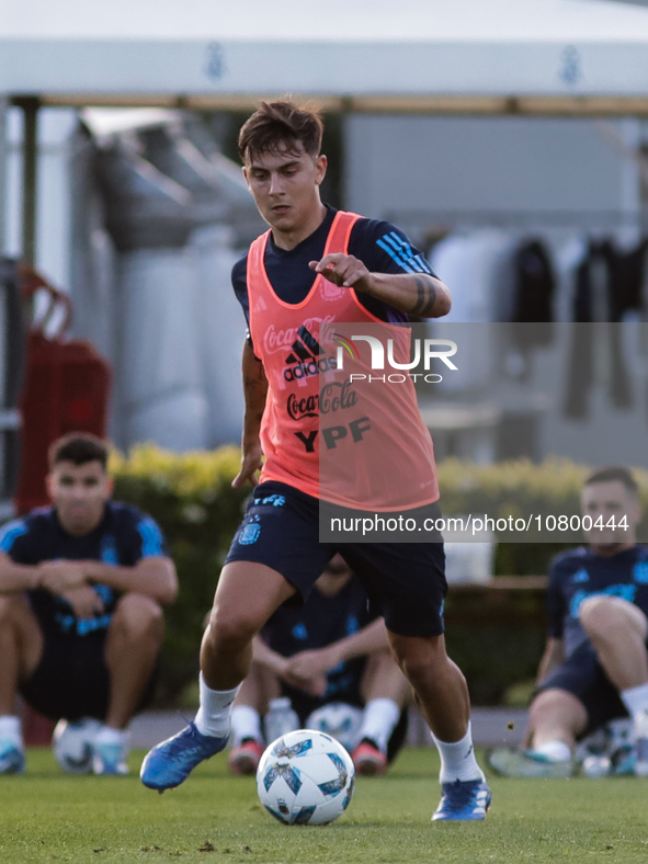 Paulo Dybala kicks the ball during a training session at 'Lionel Andres Messi' Training Camp on November 14, 2023 in Ezeiza, Argentina. 