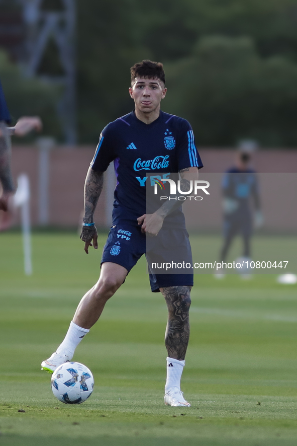 Enzo Fernandez kicks the ball during a training session at 'Lionel Andres Messi' Training Camp on November 14, 2023 in Ezeiza, Argentina. 