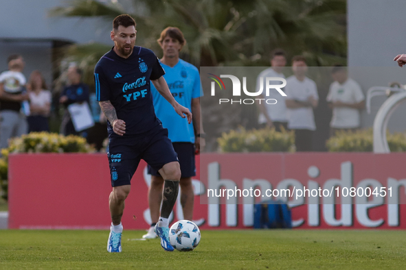 Lionel Messi kicks the ball during a training session at 'Lionel Andres Messi' Training Camp on November 14, 2023 in Ezeiza, Argentina. 