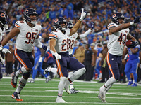 Chicago Bears linebacker DeMarquis Gates (43) celebrates after a fumble recovery during the second half of an NFL football game between the...